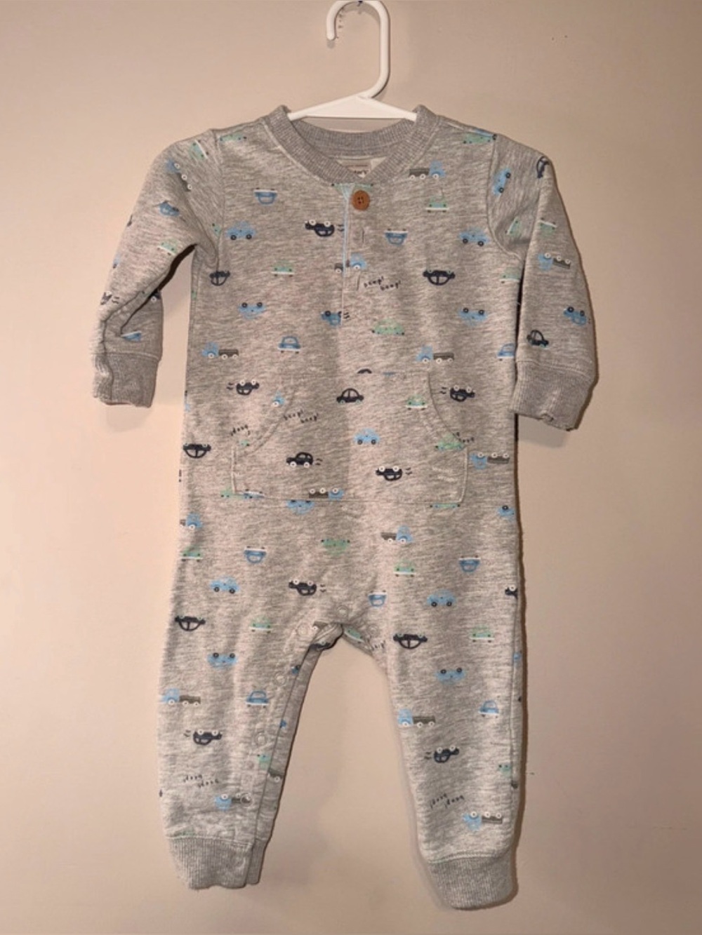 Carters Grey Baby One-Piece with Blue and Green Car Print